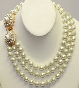 17" Barbara Bush 3 Row Pearl Necklace With Pearl Cabochon Clasp