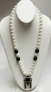 36" White Pearl And Jet Beads With Deco Crystal Pendant Necklace