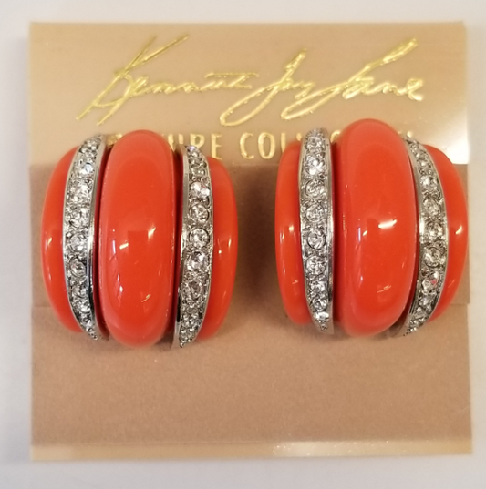 Coral with Double Crystal Bands Clip Earring