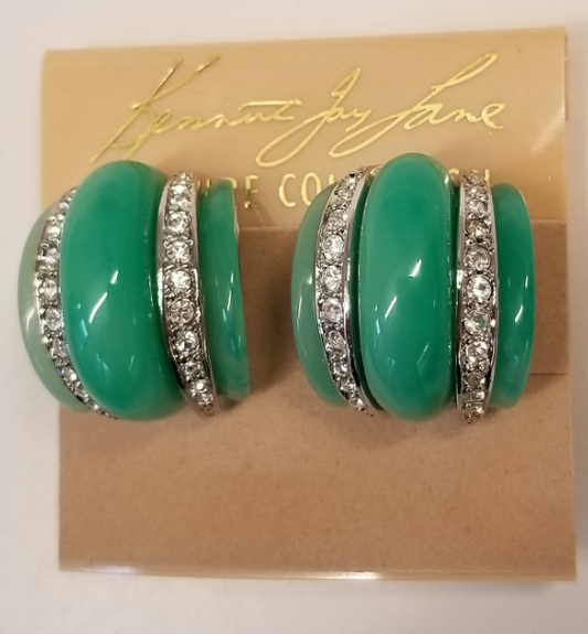 Jade with Double Crystal Bands Clip Earring
