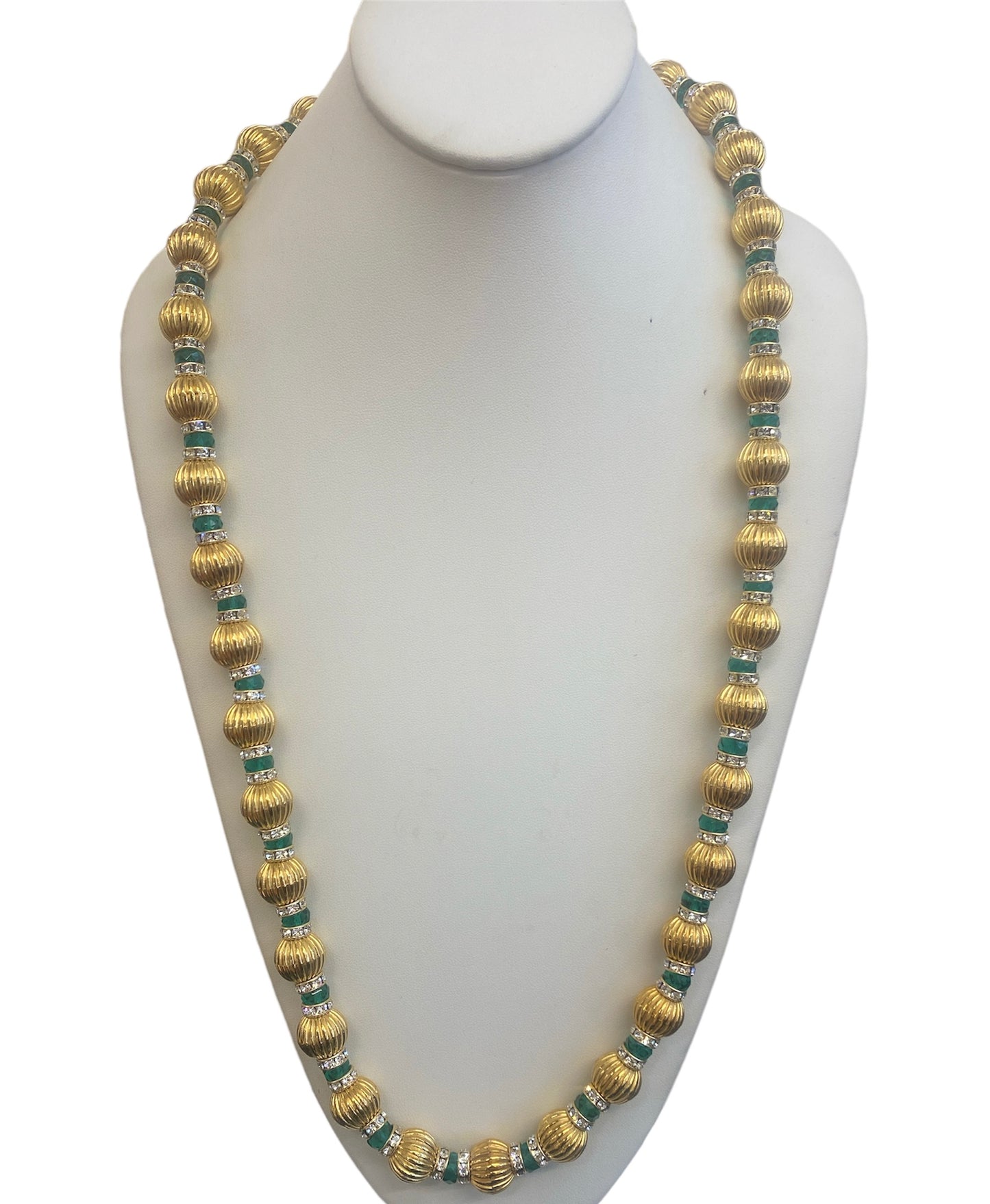 32" Fluted Gold Beads Gold- Crystal & Emerald Rhondell Neck