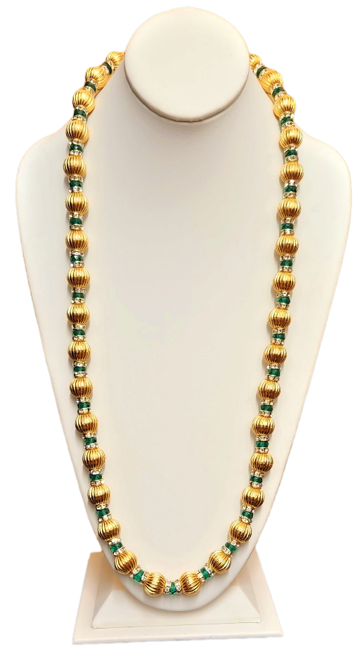 32" Fluted Gold Beads Gold- Crystal & Emerald Rhondell Neck