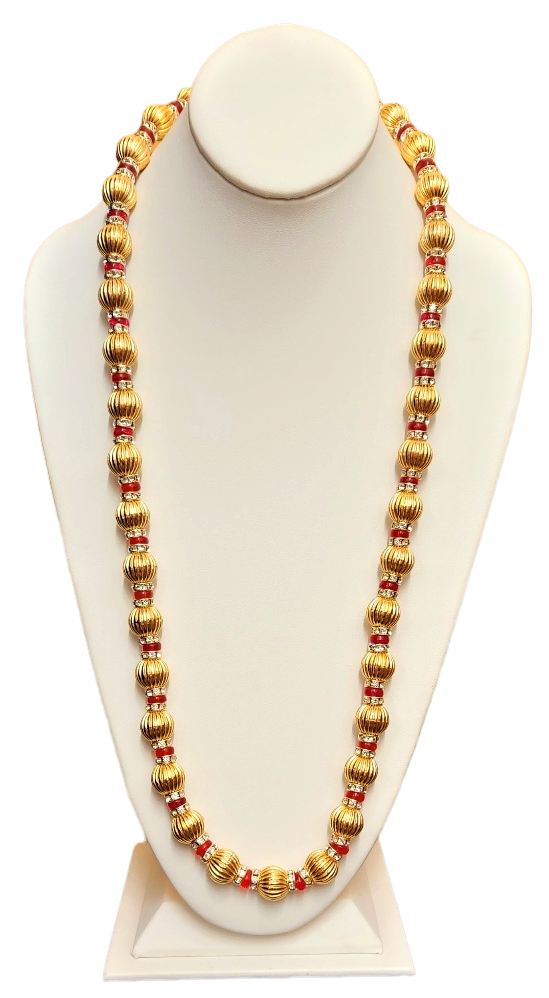 32" Fluted Gold Beads Gold- Crystal & Ruby Rondell necklace