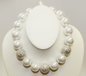 16" Jackie O White Pearl And Pave Bead Necklace