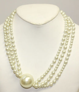 18" 3 Row White Pearl Large White Pearl Station Necklace With Gold Clasp