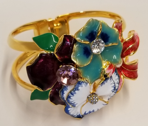 Gold- Multi Enamel Flowers & Bugs Hinged Bracelet