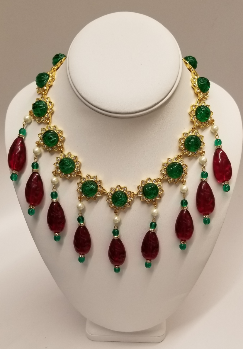 18" Gold and Crystal Emerald Tops Ruby Drops Necklace