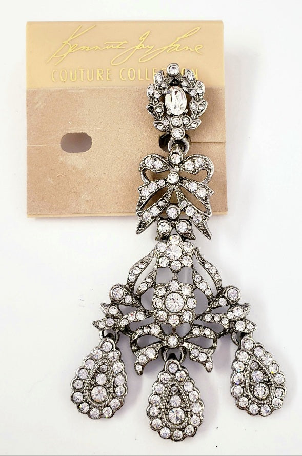 3.5" Light Antique Silver with Crystal Fancy Drop Clip Earring