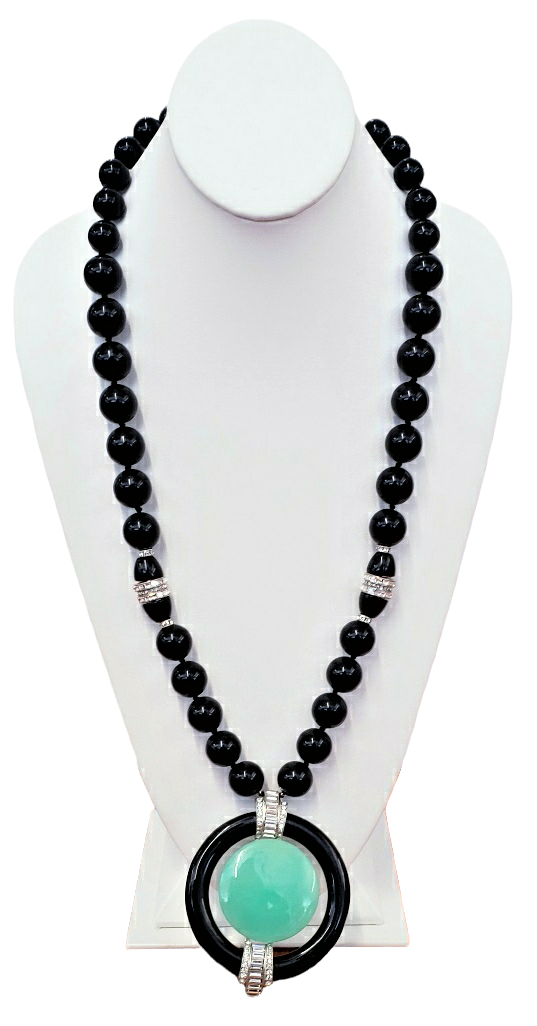 36" Black Bead-Jade Center Art Deco Necklace