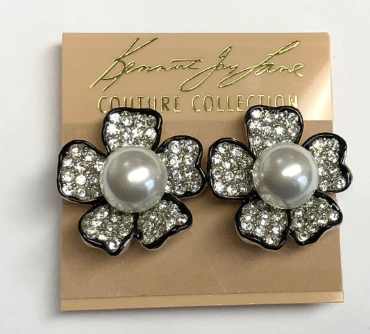 Rhodium Black Lines Crystal Pearl Center Flower Clip Earring
