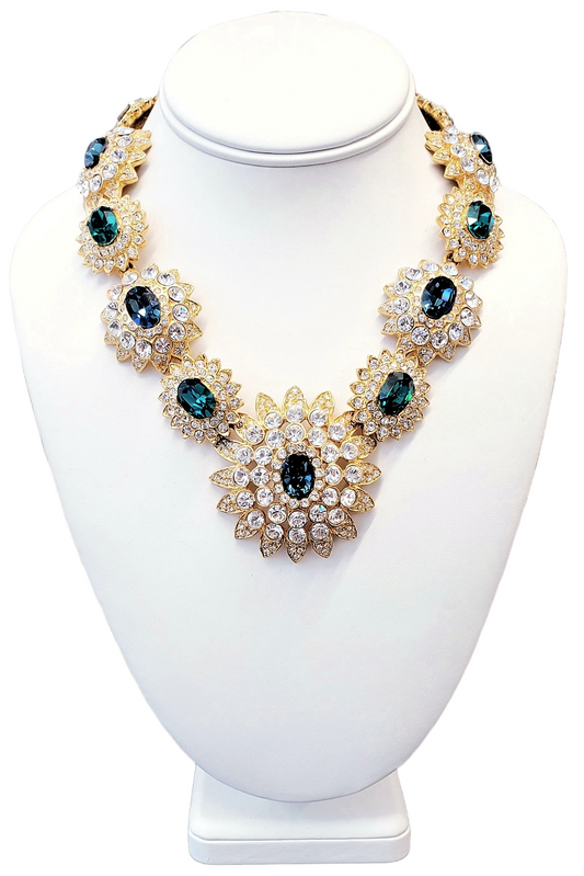 17" Nancy Reagan Gold-Crystal Emerald-Sapphire Centre Necklace