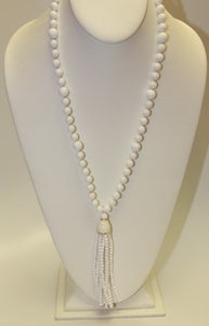 36" White Bead with White Tassel Necklace