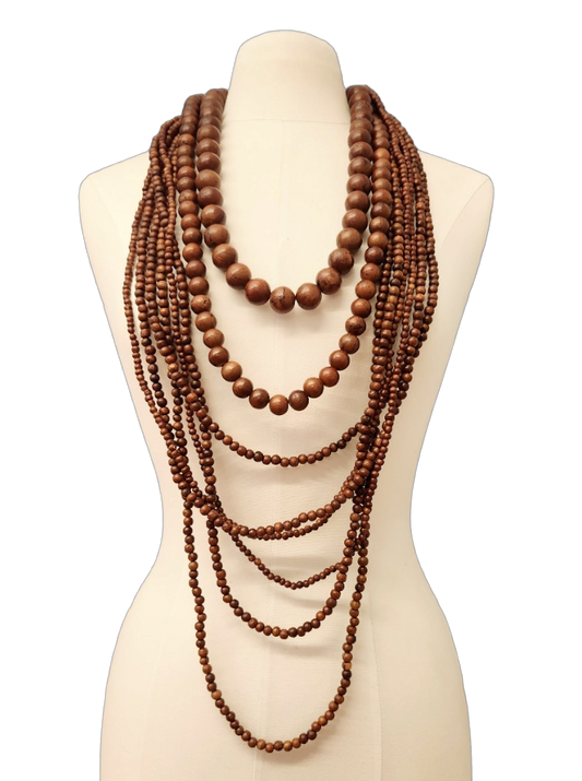 26"-33" 8 Row Gold with Round Wood Ball Graduated Lobster Claw Necklace
