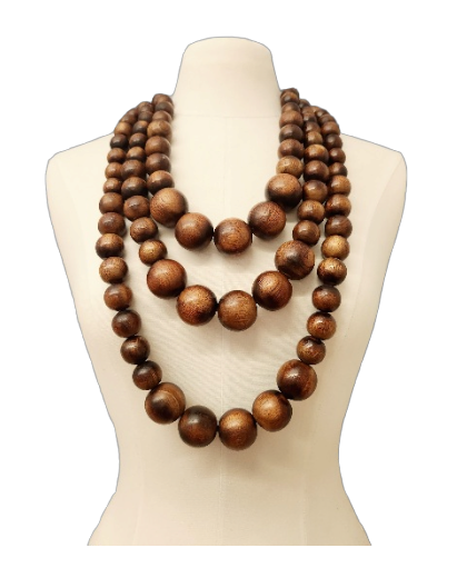 24" (shortest, 34" longest)+ 4" Ext 3 Row Graduated Round Balls Brown Wood Necklace