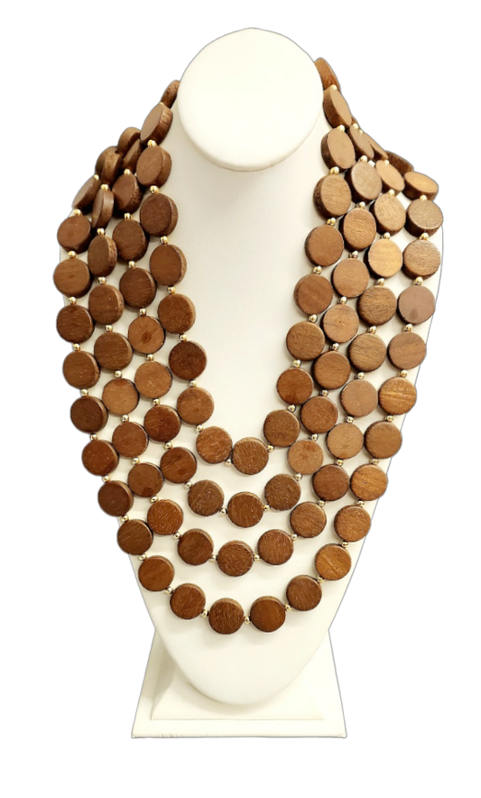 21+ 4 1-2" ext. 4 Row Gold With Flat Dark Wood Disc Graduated Lobster Claw Necklace