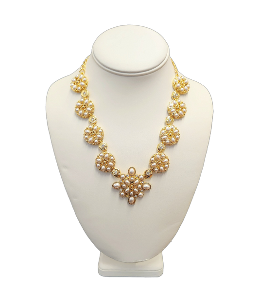 Gold Pearl & Rhinestone Motifs Necklace