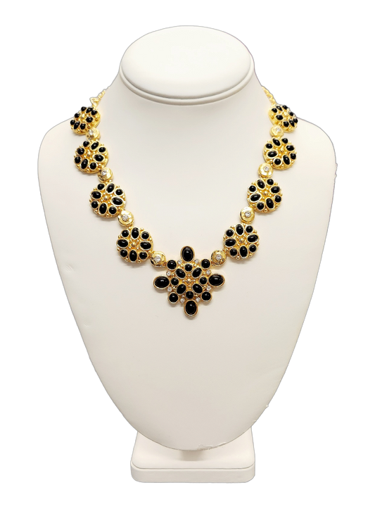 Gold Black & Rhinestone Motifs Necklace