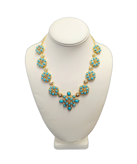 Gold Turquoise & Rhinestone Motifs Necklace