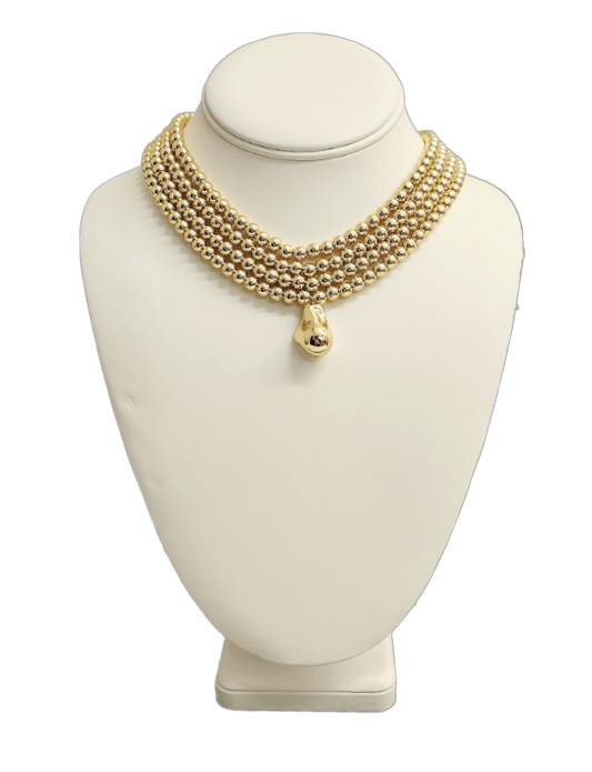 Polished Gold Round Bead with Gold Nugget Pendant Choker Necklace