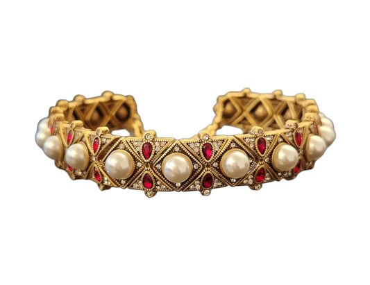 Light Antique Gold with Rhinestone and Ruby Pearls Necklace