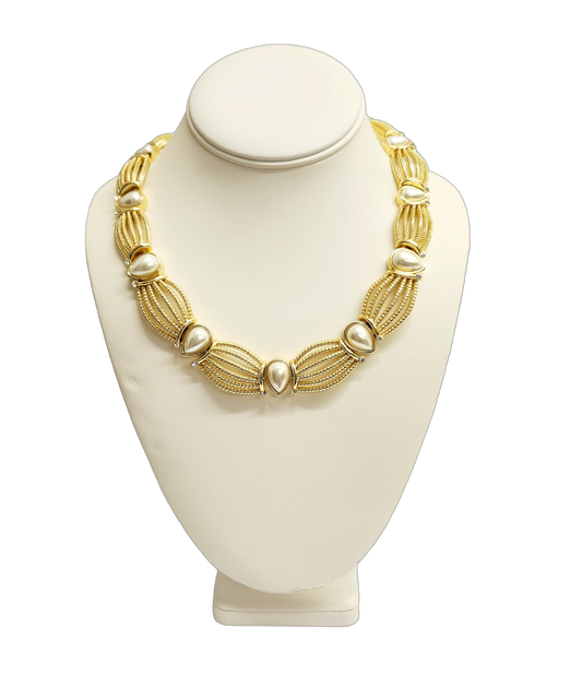 Gold- Rhinestone with Teardrop Shaped Pearls Necklace