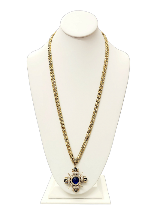 2 Row Gold Chain with Crystal & Sapphire Crown Pendant Necklace
