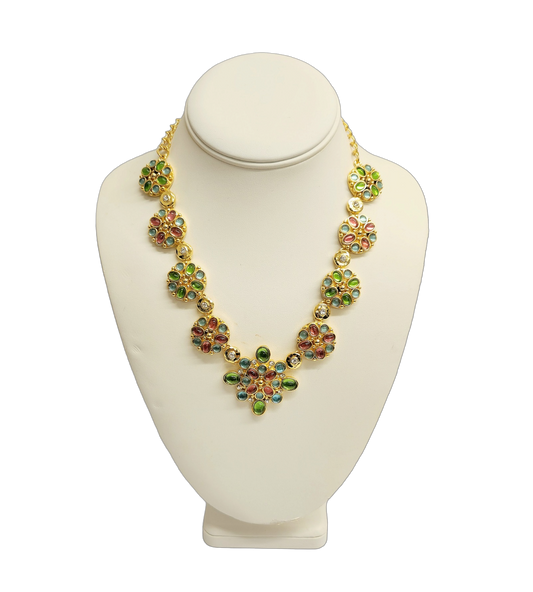 Gold with Light Multicolored & Rhinestone Motifs Necklace