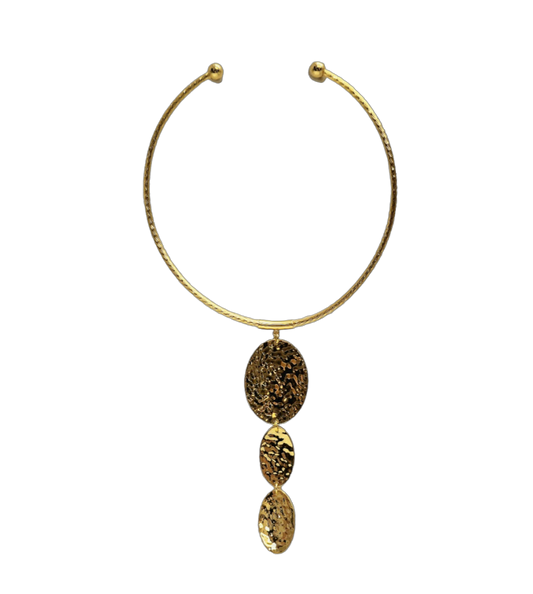 Gold with 3 Oval Texture Drop Pendant Collar Necklace