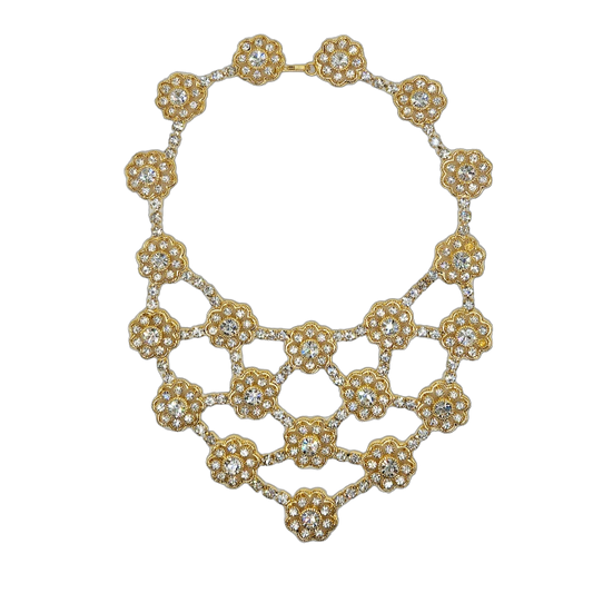 Gold with Rhinestone Flower Bib Necklace