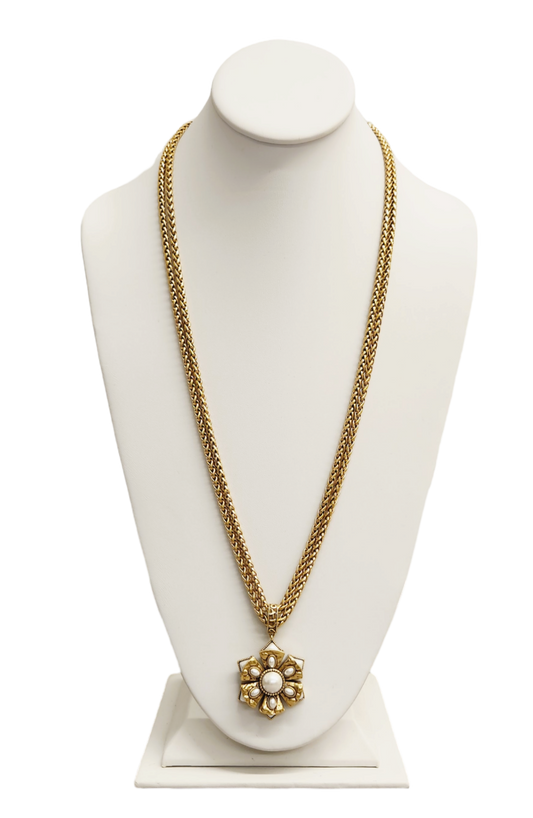 2 Row Light Antique Gold lobster with Pearl Pendant Necklace