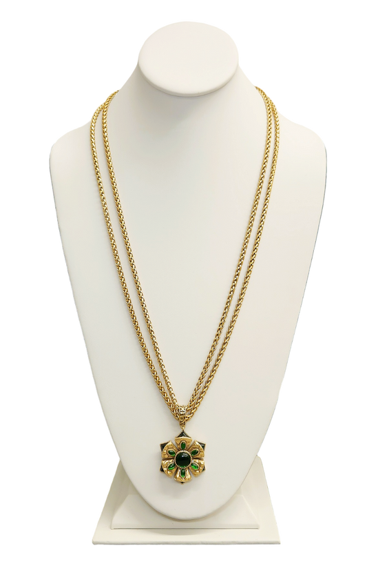 2 Row Light Antique Gold with Emerald Pendant Necklace
