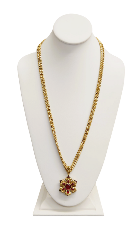 2 Row Light Antique Gold with Ruby Pendant Necklace