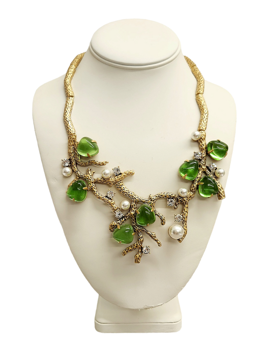 Gold Sea Branch with Pearls- Crystal- Peridot Necklace