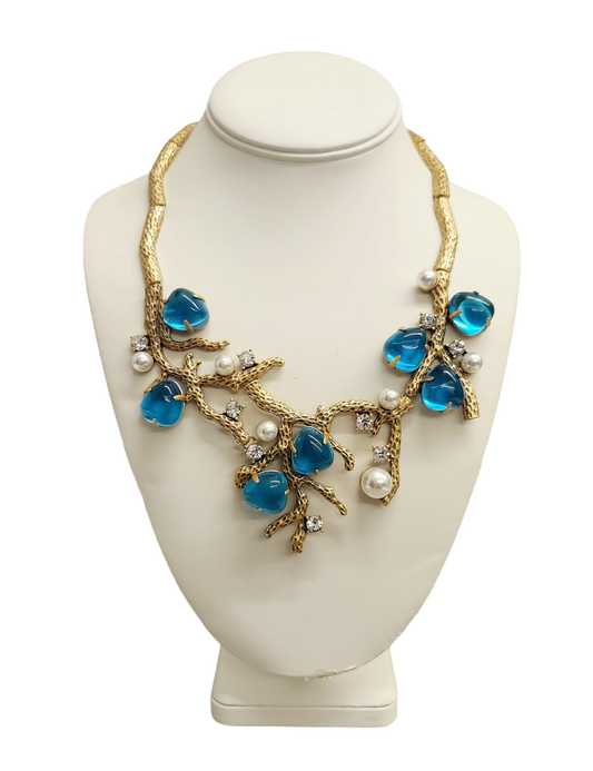 Gold Sea Branch Pearl- Crystal- Aqua Necklace