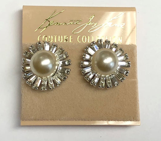 Rhodium Baguettes Pearl Sunburst Clip Earring