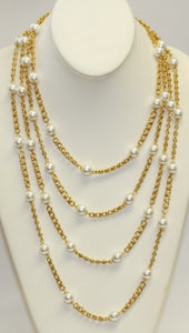 18" 4 Row Gold Chain With White Pearl Station Necklace