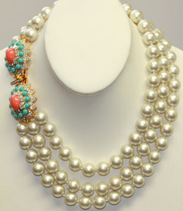 17" Barbara Bush 3 Row Pearl Necklace With Turquoise-Coral Clasp