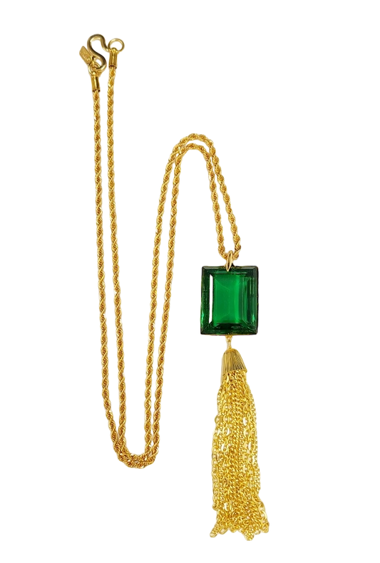 33" Emerald with Gold Chain Tassel Necklace
