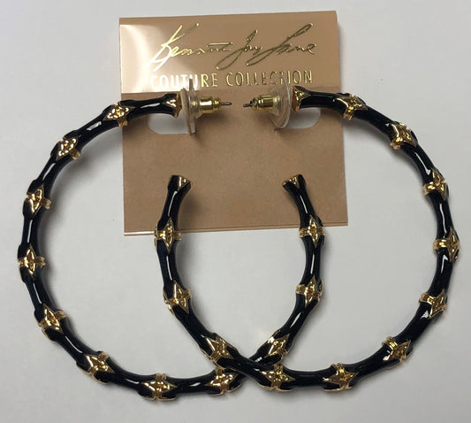 Black Enamel Large Bamboo Hoop Pierced Earring