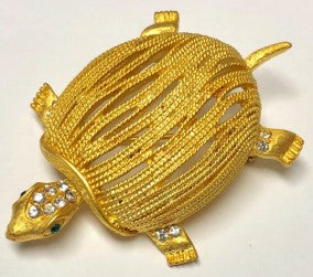 Gold With Emerald Eyes And Crystals Turtle Pin