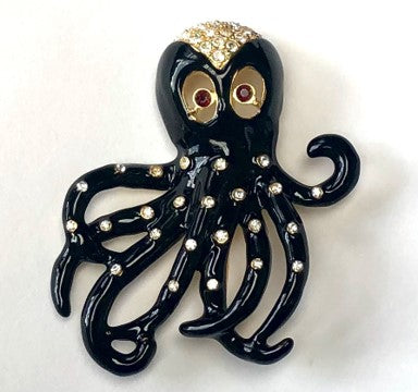 Gold Black Enamel And Crystals Octopus Pin