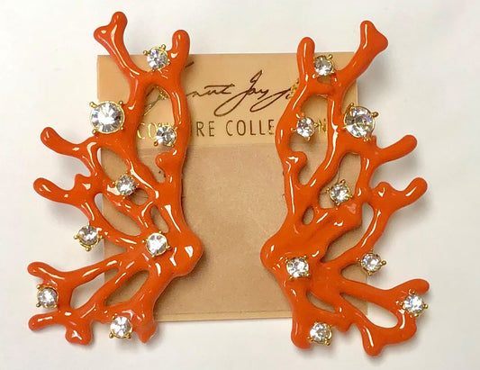 Gold With Light Coral Enamel and Crystals Branch Clip Earring