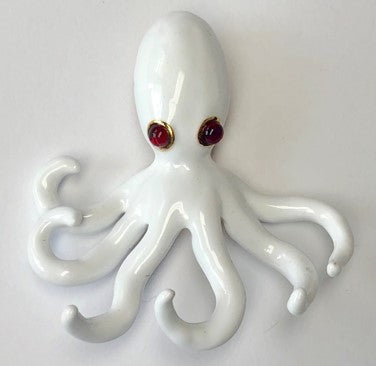 White Enamel And Ruby Cabochons Eyes Octopus Pin