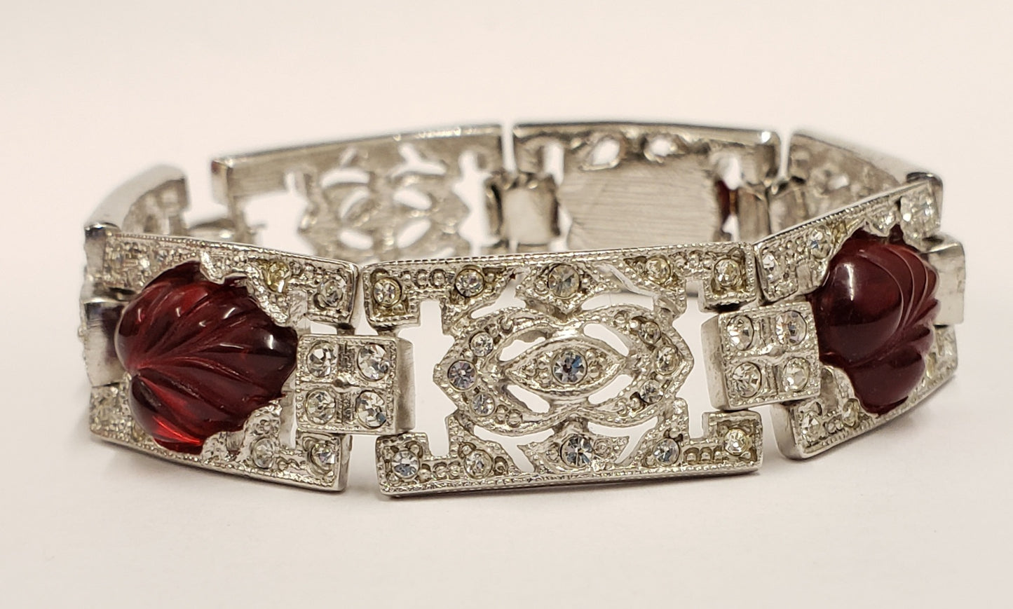 7" Silver Crystals with Ruby Leaves Art Deco Bracelet