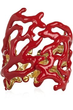 Gold Red Enamel Coral Branch Hinged Cuff