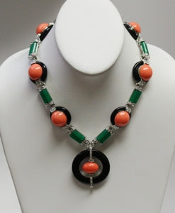 16" Crystal And Jade Bar With Black And Coral Button Necklace