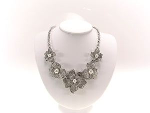 Silver Crystal Pearl Center Flower Chain Link Necklace