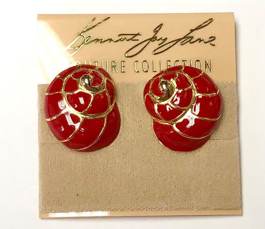 Gold With Red Enamel Shell Clip Earring