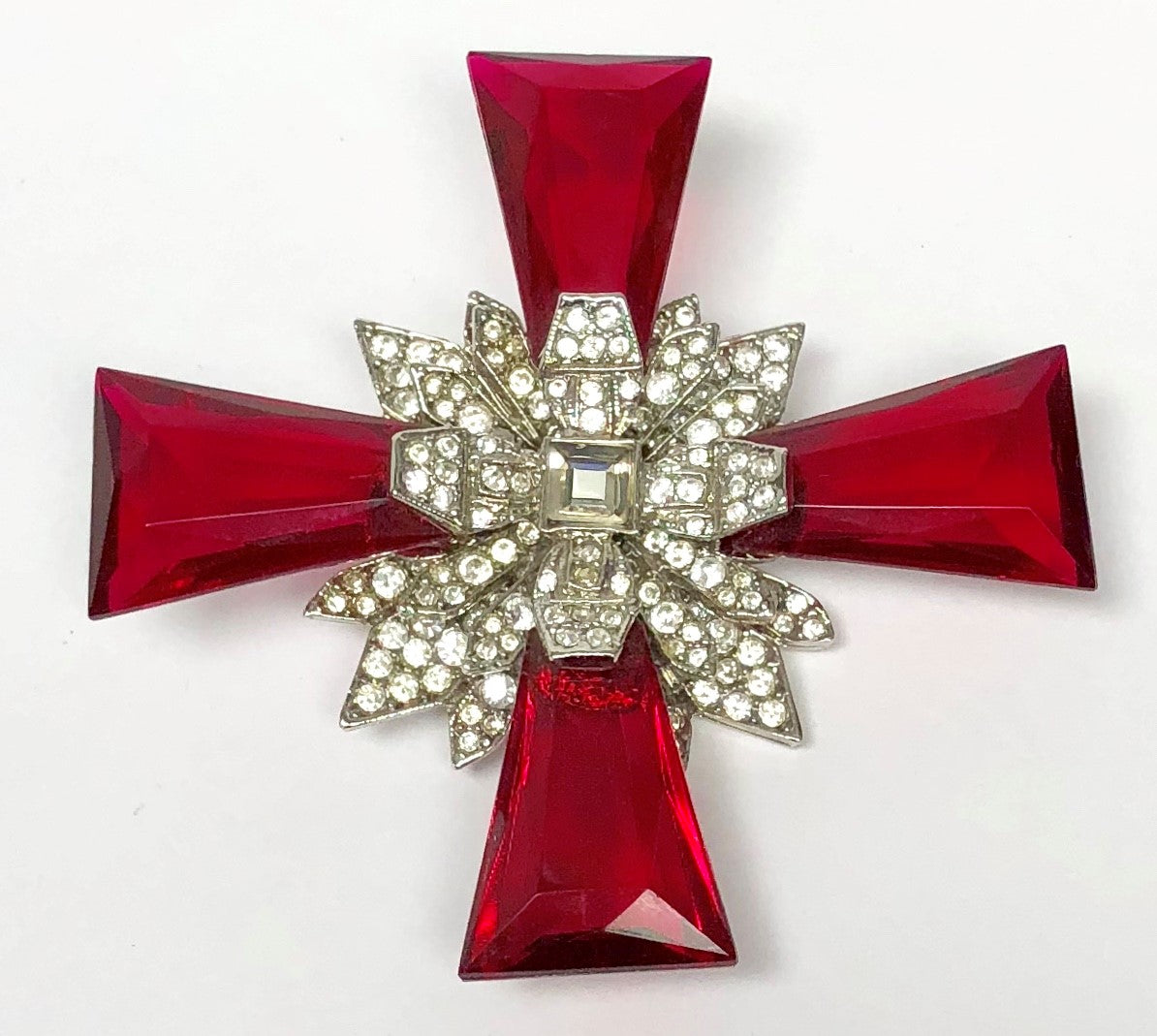 Silver Crystal Ruby Maltese Cross Pin