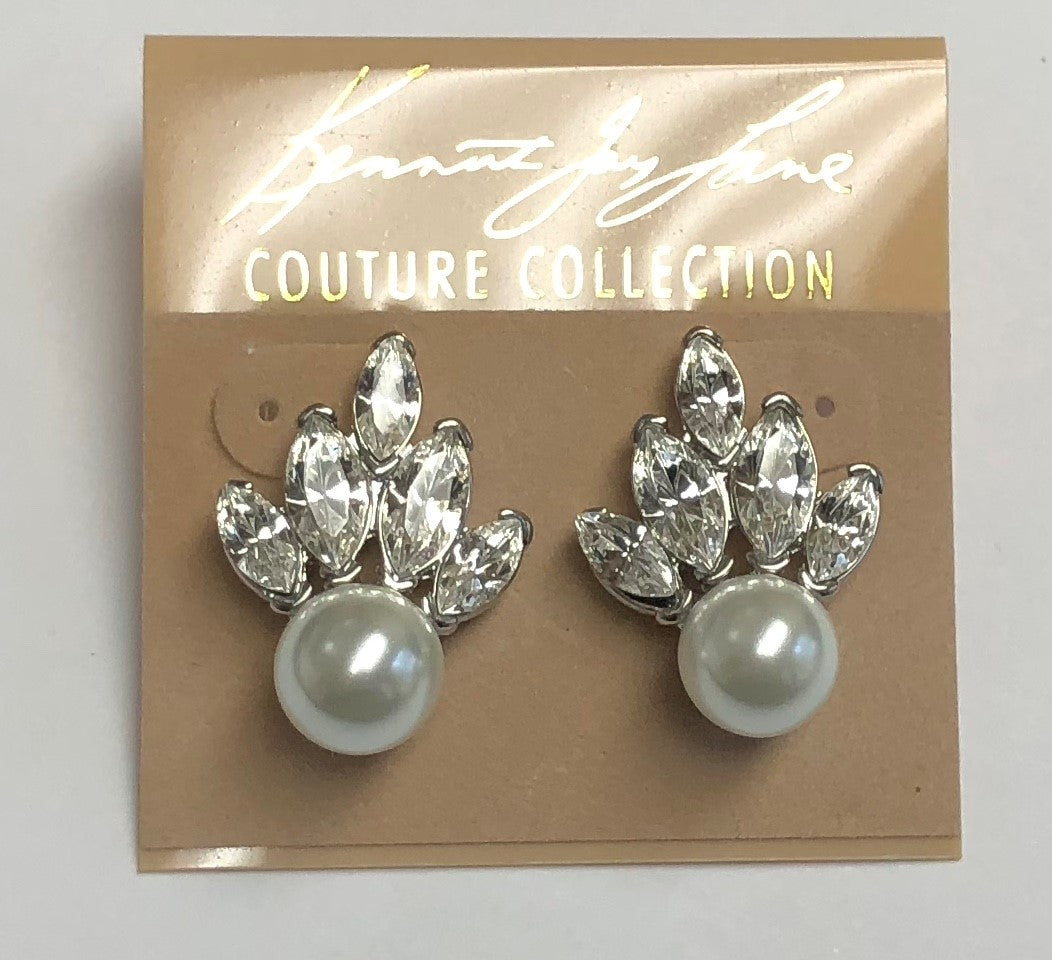 Rhodium Crystal White Pearl Fan Clip Earring